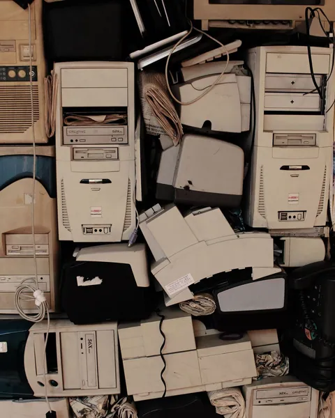 Stacked older desktop computers and IT equipment
