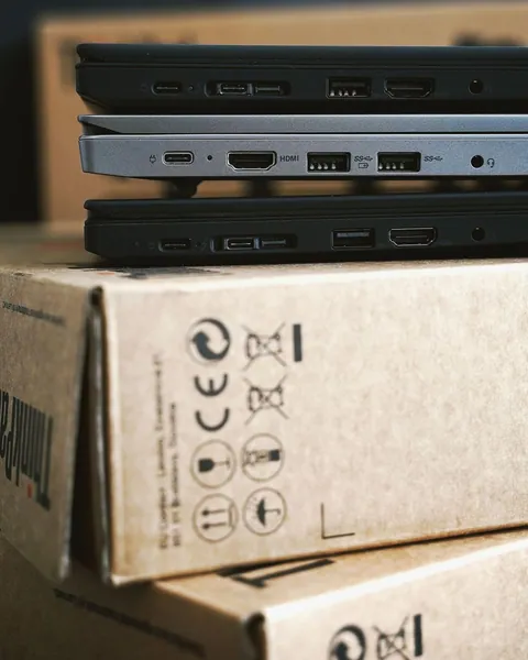 Three closed laptops stacked on cardboard boxes